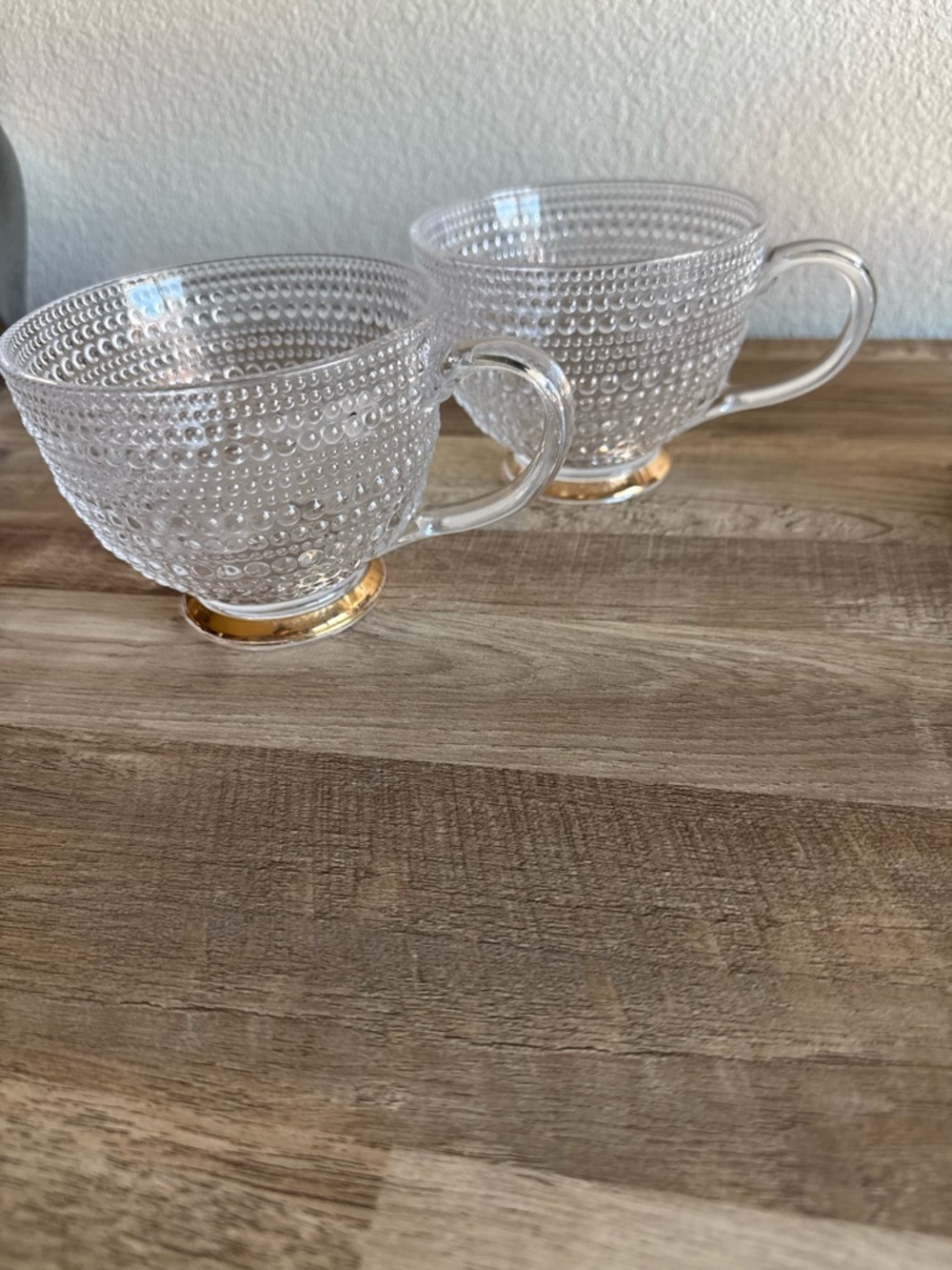 West Elm Clear Textured Glass Mugs with Gold Foot - Set of 2